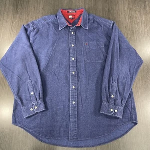 Camicia vintage Tommy Hilfiger blu tinta unita uomo XL con bottoni flanella pesante - Foto 1 di 12