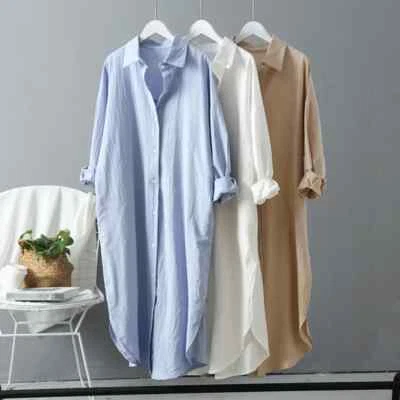 Women Button Down Shirt Dress Loose Cotton Linen Coats Casual Blouse Kaftan Top - Image 1 of 4