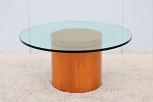 Mid-Century Modern Style 39 in Round Clear Glass Top Drum Wood Base Coffee Table