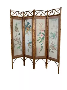 Pantalla plegable china pintada a mano de 4 paneles de ratán quemado - Imagen 1 de 9