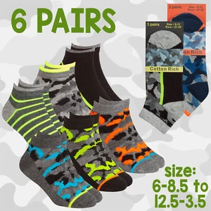 Kids Boys Ankle Liner Trainer Socks Camo Camouflage Print Soldier 6 Pairs Cotton - Picture 1 of 9