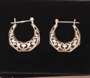 925 Silver Filigree Hoop Pierced Earrings 1" Solid back Hinged post closure EUC - Picture 1 of 7