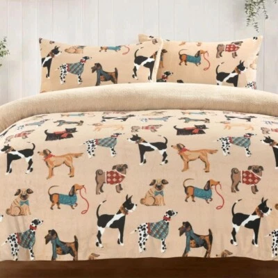 NIGHT ZONE Dog Print Teddy Sherpa Fleece Duvet Cover Set – Super Soft & Cosy Bedding