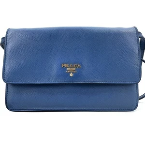 PRADA Shoulder Bag Saffiano Leather Blue Authentic - Picture 1 of 24