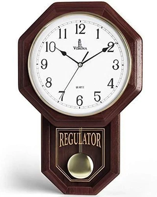 Pendulum Wall Clock 18X11, Real Wood Schoolhouse Regulator, Silent Quartz - Image 1 of 4