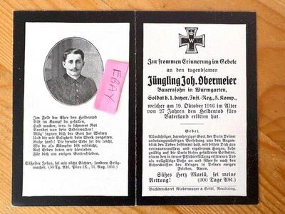 ORIG WW1 1916 GERMAN DEATH CARD JUNGLING OBERMEIER BAVARIAN INFANTRY REGIMENT Foto 1 de 2