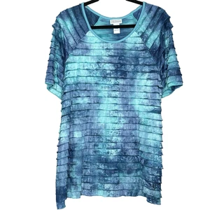 Maggie Barnes 1X Top Shirt Blue Tie Dye Short Sleeve Scoop Neck Tiered Stretch - Picture 1 of 6