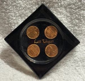 Vintage Las Vegas PENNY drink Coaster Collectible Item, 4 Pennies on Black Base - Picture 1 of 3