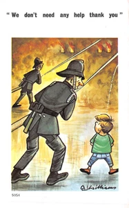 POSTKARTE COMIC GEWAGTER FEUERWEHRMANN KLEINER JUNGE KEINE HILFE ERFORDERLICH - Bild 1 von 2