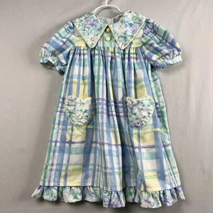 Vintage 90s Kate Greenaway Dress Girls size 6 Plaid Pockets Ruffle Cottage Core - Picture 1 of 12
