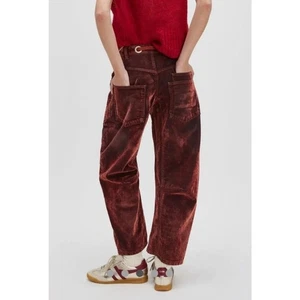 Pantalones de mezclilla Free People Moxie flocados tirar en barril rojo terciopelo cuerda corbata talla 28 - Imagen 1 de 6