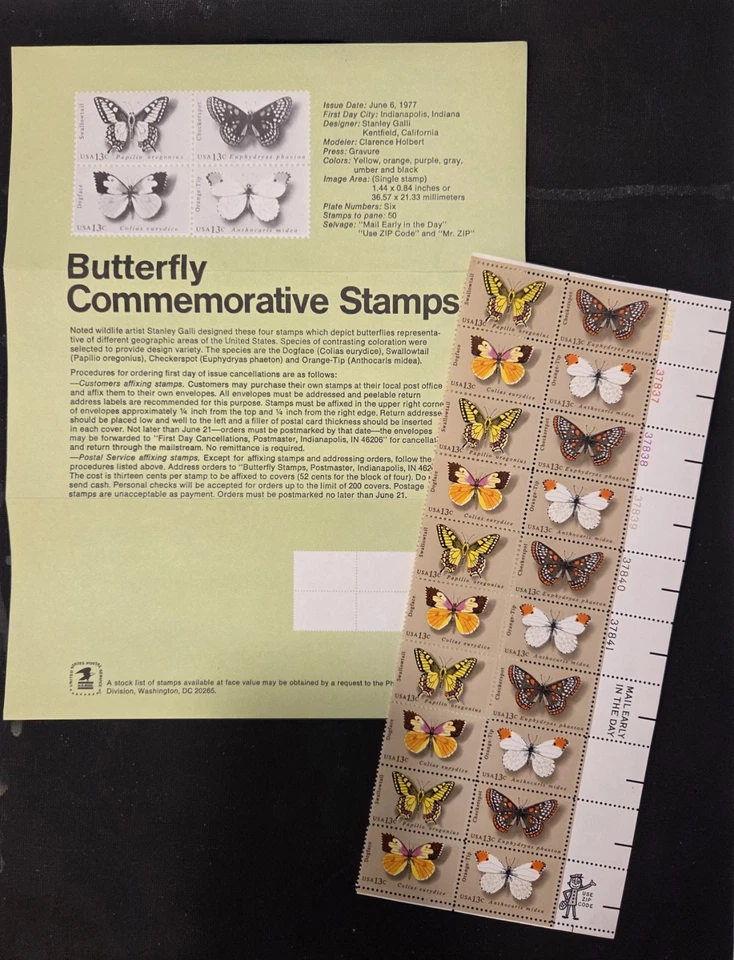 Scott #1712-15 13ct Butterflies, Plate Block of 20; Incl USPS Souvenir Sheet - Image 1 of 1