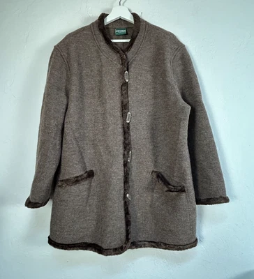 Geiger Collections Womens Brown Pure Wool Fur Trim Cardigan Sweater Coat Size 40 - Image 1 of 4