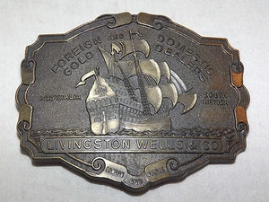 VINTAGE LIVINGSTON WELLS & CO GOLD DEALERS AUSTRALIA S. AFRICA SHIP BELT BUCKLE - Picture 1 of 9