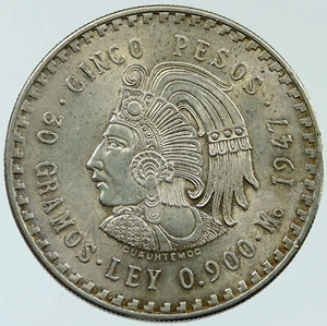 1947 MEXICO Aztec EMPEROR CUAUHTEMOC Eagle BIG 0.86oz Silver 5 Peso Coin i117640 - Picture 1 of 2