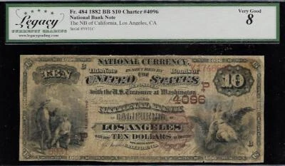 1882 $10 NBN Brown Back LOS ANGELES Fr 484  Fine VG RARE # 127 * - Image 1 of 2