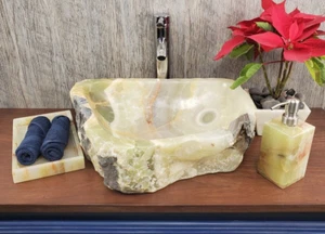 Green and Gray Onyx Stone Vessel Bathroom Sink, 17.5 x 13.5 inch Above Counter - Picture 1 of 10