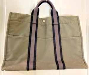 Hermes Canvas 2 Handle Olive color Tote Handbag Gray/Black Stripe handles - Picture 1 of 18