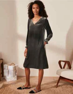 The White Company Silk Velvet Dress with Shirring Detail, Grey, UK 8, RRP £189 - Picture 1 of 6