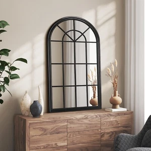 Oikiture Window Mirror Arched Wall Mirrors Decor 76x51cm Wooden Black - Picture 1 of 10
