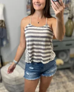 Sexy Linen Scoop Neck Contrast Striped Flair Rope Spaghetti Strap Tank Top Gray - Picture 1 of 7