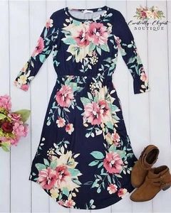Dear To Me Floral Print Midi Dress with 3/4 Sleeves and Pockets in Navy - Picture 1 of 3