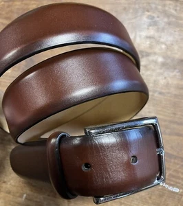 TASSO ELBA, MEN'S 40/100 BROWN LEATHER BELT WITH SILVER TONE BUCKLE, Never Worn - Picture 1 of 8
