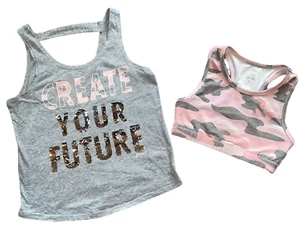 Justice Active girls 2pc sequin Create Your Future tank & camo sports bra set 10 - Picture 1 of 2