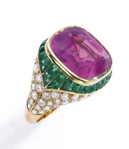 Cushion Lab Pink Sapphire & Syn Emerald Ring 925 Sterling Silver Cocktail Jewel - Picture 1 of 5