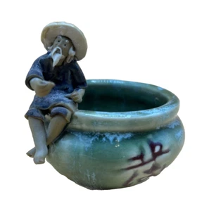 Chinese Mudman Majolica Art Pottery Bowl Ceramic Glazed Green Fisherman Rod Vtg - Picture 1 of 7