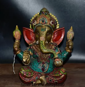 8.8" Old Tibet Bronze Turquoise Ganesh Lord Ganesha Elephant God Buddha Statue - Picture 1 of 11
