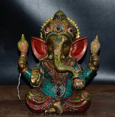 8.8" Antiguo Tíbet Bronce Turquesa Ganesh Señor Ganesha Elefante Dios Buda Estatua Foto 1 de 4