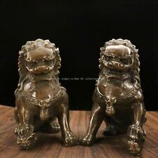 pair 6'' bronze sculpture auspicious beast animal fu foo dogs lion statue