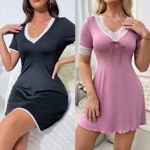 Women's Sleep Dress Short Sleeve Lace Sleepshirt Nightgown Casual Sleepwear US - Picture 1 of 16