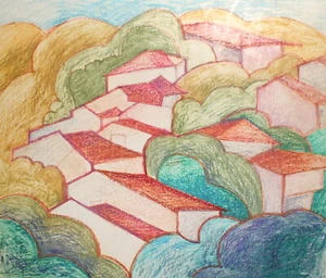 VINTAGE CUBIST  PASTEL PAINTING LANDSCAPE - Picture 1 of 11