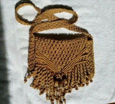 Bolso Bandolera Cartera De Colección Años 70 Boho Festival Yute Macramé Con Cuentas Foto 1 de 4