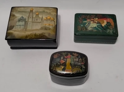 Lote De Colección De 3 Cajas De Baratijas De Laca Rusa Pintadas A Mano Con Bisagras Y Desquiciadas  Foto 1 de 4