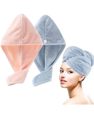 2 Pack Bath Hair Towel, Quick Dry, Absorbent, Turban, Button, Pink, Blue, Wrap - Image 1 of 4