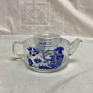 Vintage, Small or Single Blue Willow Glass Teapot 4in H x 7in L x 4/5in D - Picture 1 of 6