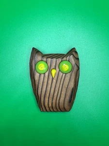 Cryptomeria Handcarved Wood Owl Figure Big Green Eyes Yellow Nose VTG Decor Art - Picture 1 of 9