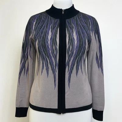 Bob Mackie Cardigan Womens Gray Purple Feather Print Artsy Art to Wear Granny - Image 1 of 4