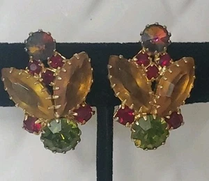Vintage EARRINGS Juliana D&E Red Yellow Blue Rhinestones Dog Tooth Prong Set  - Picture 1 of 6