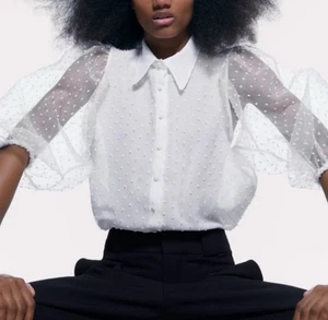Zara White Organza Puff Sleeve Top Blouse Bloggers Size MEDIUM - Picture 1 of 15