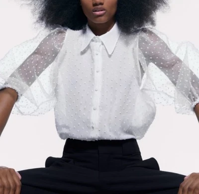 Zara White Organza Puff Sleeve Top Blouse Bloggers Size MEDIUM - Image 1 of 4