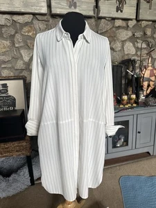 Sharagano Shirt Dress Size 4 White Pinstripe Long Sleeve Work Casual Pockets - Picture 1 of 4