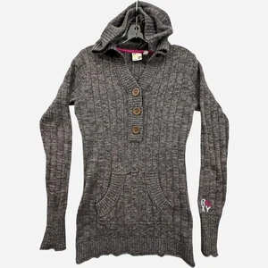 Maglione vintage Y2K Roxy donna grigio medio con cappuccio Henley manica lunga logo spiaggia - Foto 1 di 14