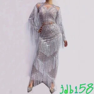 Women Performance Costume Dress Silver Layering Fringed Singer Dancer Pub Skirt - Picture 1 of 5