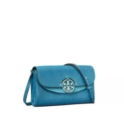 Tory Burch Turquoise Leather and Suede ‘Miller’ Wallet-on-Chain Crossbody - Image 1 of 4