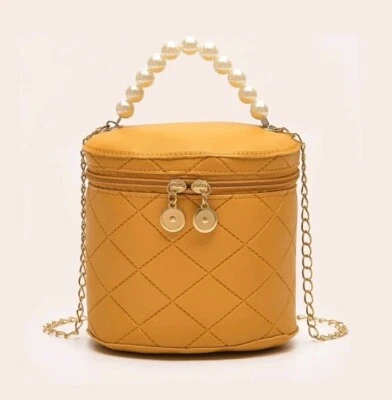 Yellow Diamond Crossbody Bucket Bag Quilted Argyle Handbag New Pearl Chain - Image 1 of 4