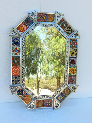 21" PUNCHED TIN MIRROR octagonal oval mixed talavera tiles mexican folk art Cover